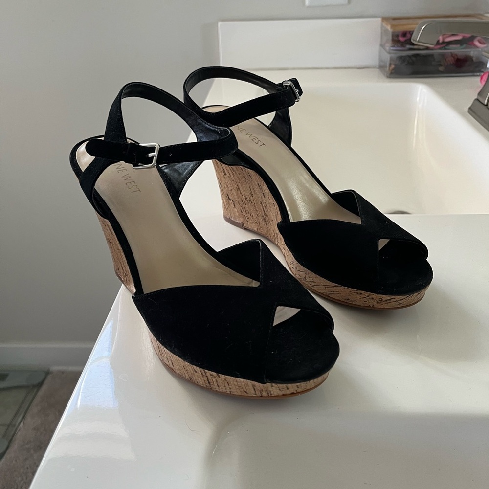 Nine West black suede wedges 9.5